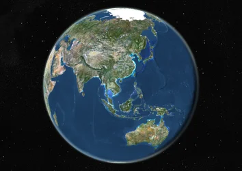 Globus zentriert auf Asien und Ozeanien, Satellitenbild in Echtfarben